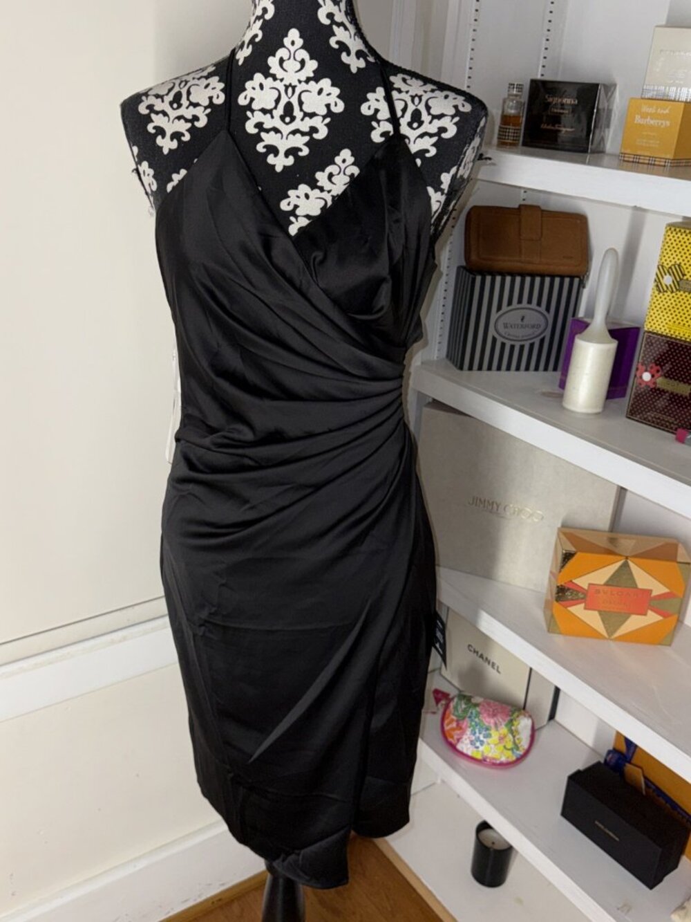 Lulus Small Black Satin Slip Dress V Neck Ruched Midi Wedding Guest Formal Sexy
